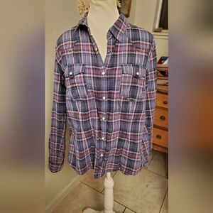 H&M Navy and Burgundy Plaid Casual Shirt